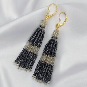 Monochrome Beaded Tassel Earrings, Handcrafted Black & White Seed Bead Fringe #1